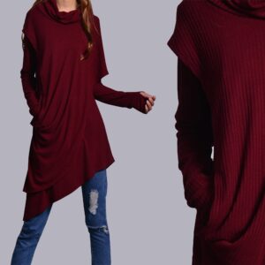 Rib Knit Dress/High Neck Dress/Thumb hole Sleeves t-shirt